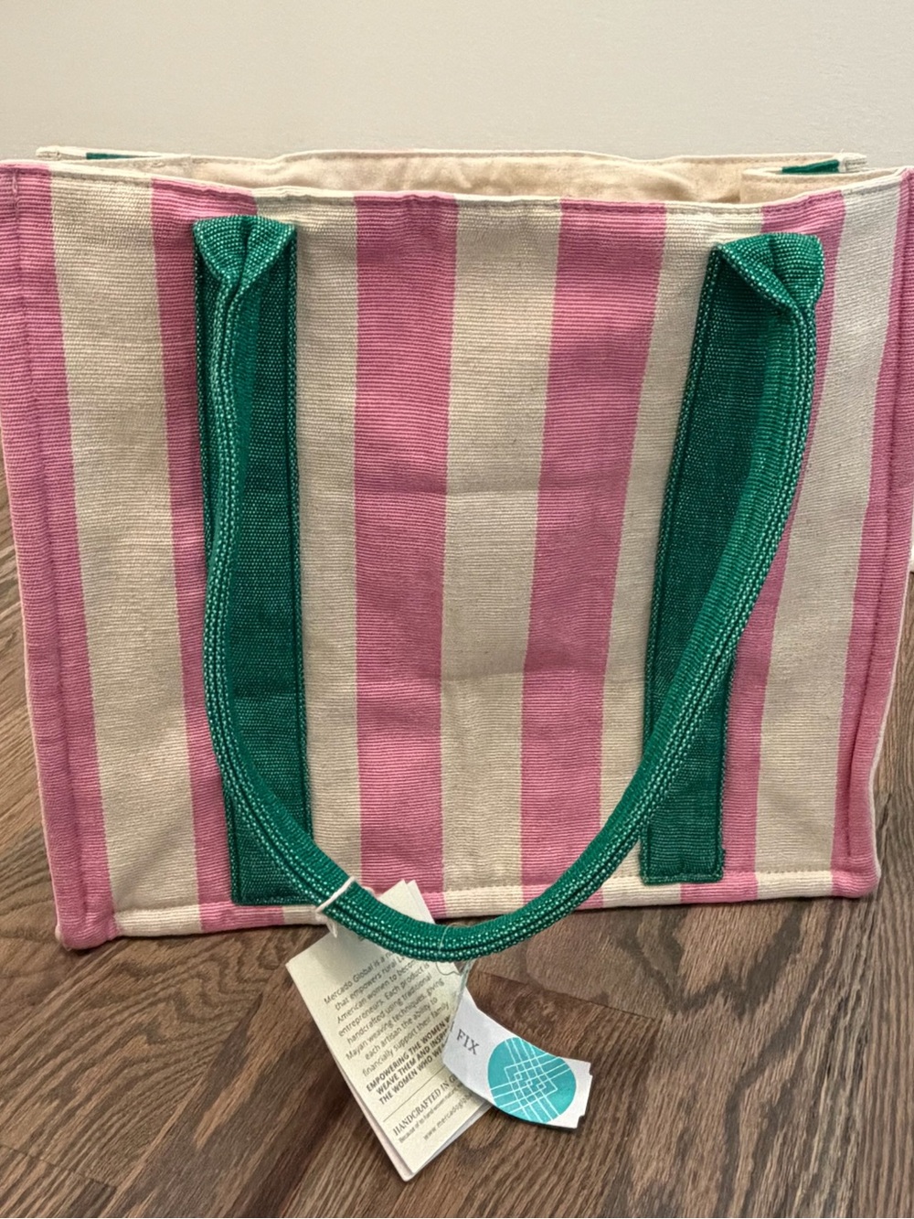 Mercado Global Upcycled Pink & Cream Striped Canvas Tote with Green Handles